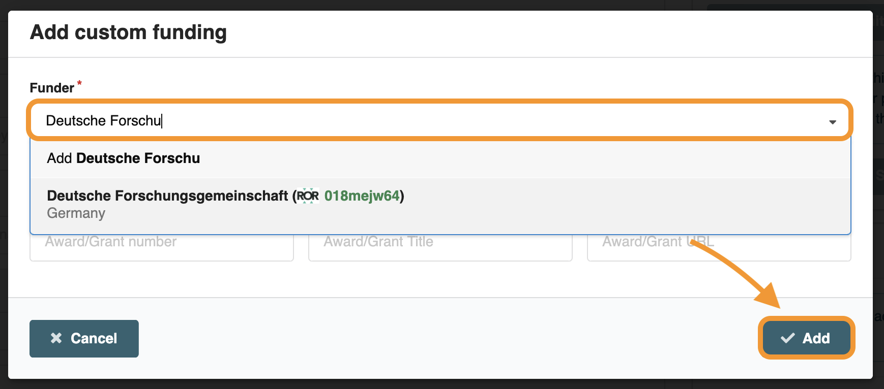 Step 9: Search for and add a funding institution. You can optionally enter the details of your award or grant. Once finished, click the 'Add' button.