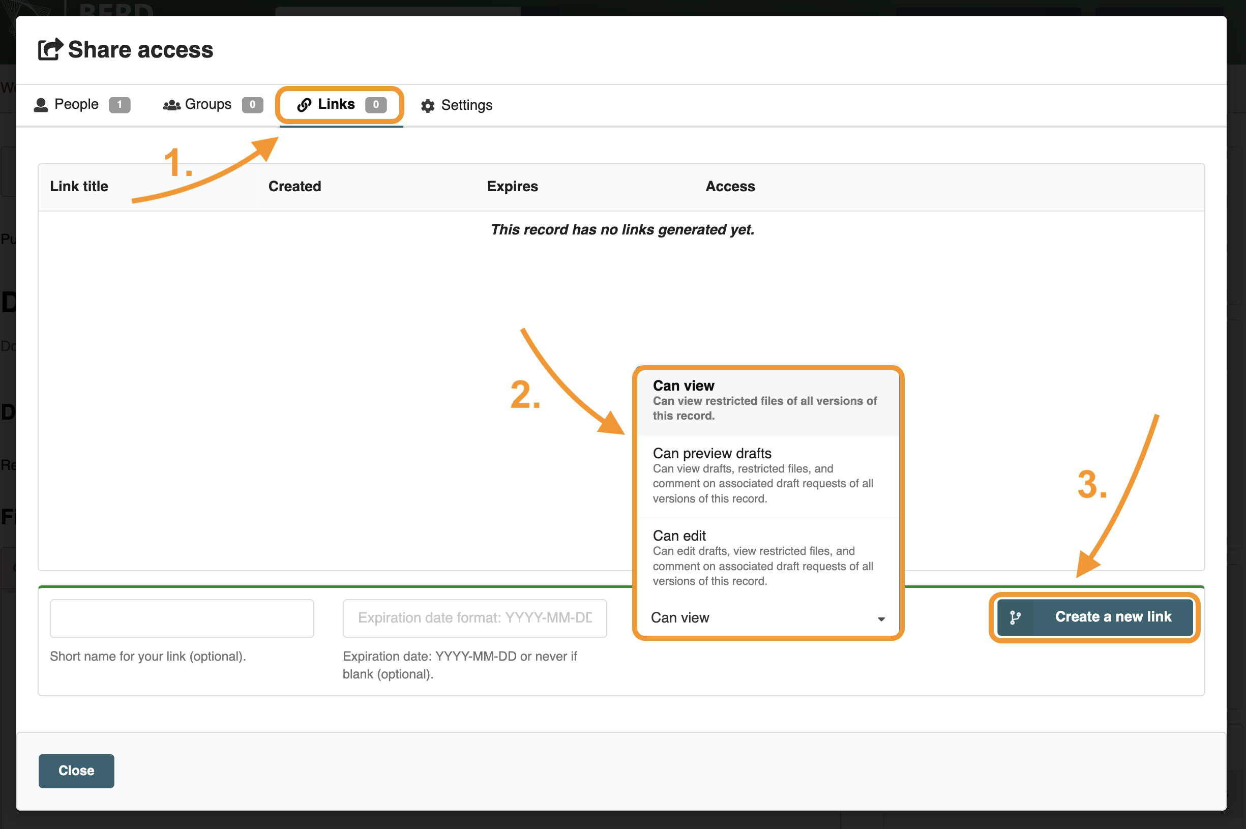 Option 2: Create a link to share with selected indiviudals and choose their access rights.